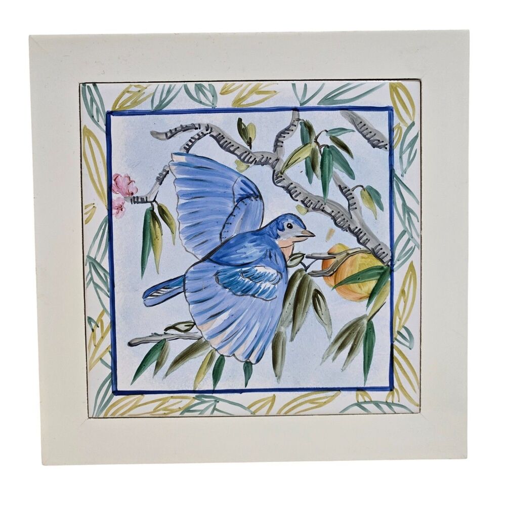 6" painted Decorative Accent Tile Blue Bird in a‎ Tree Framed Unmarked